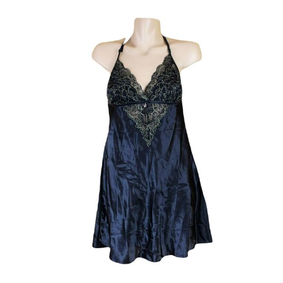 NWT La Vie en Rose Black Satin Nightie Lace Metallic Gold Small SW15 - Picture 1 of 10